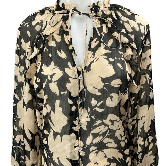 NEW MNG Black Beige Floral Ruffle Tie V Neck Button Down Blouse Top Size S - Picture 3 of 5